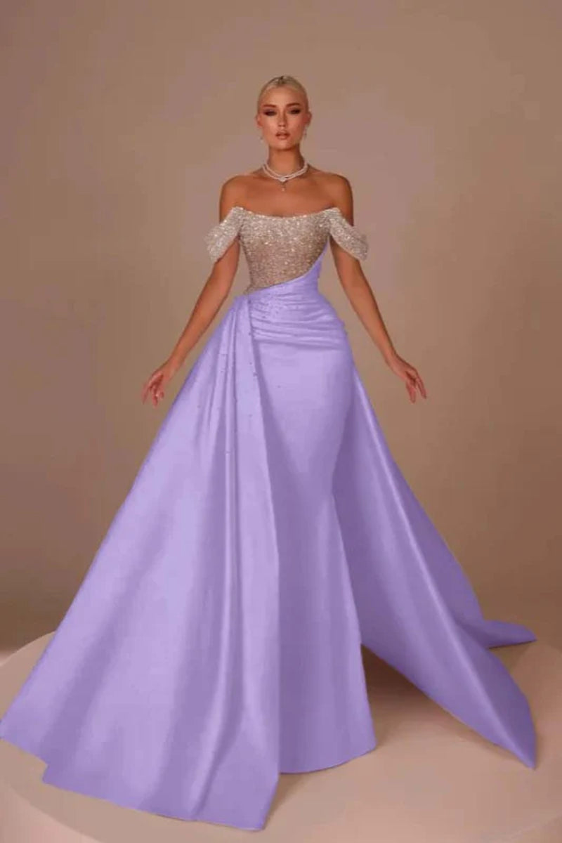 Chic Glitter Off-Shoulder Satin Mermaid Chapel Train Wedding Dress