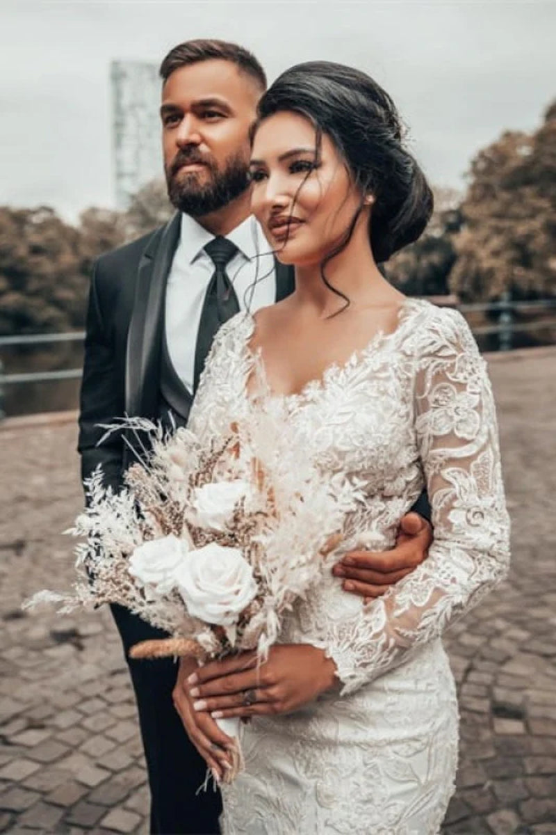 Stylish White Floral Lace Mermaid Bridal Dresses Long Sleeves V-Neck Spring Wedding Dress