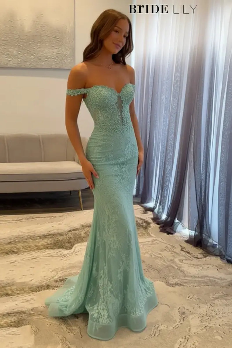 Off-The-Shoulder Mermaid Evening Dress Lace Prom Dress Long