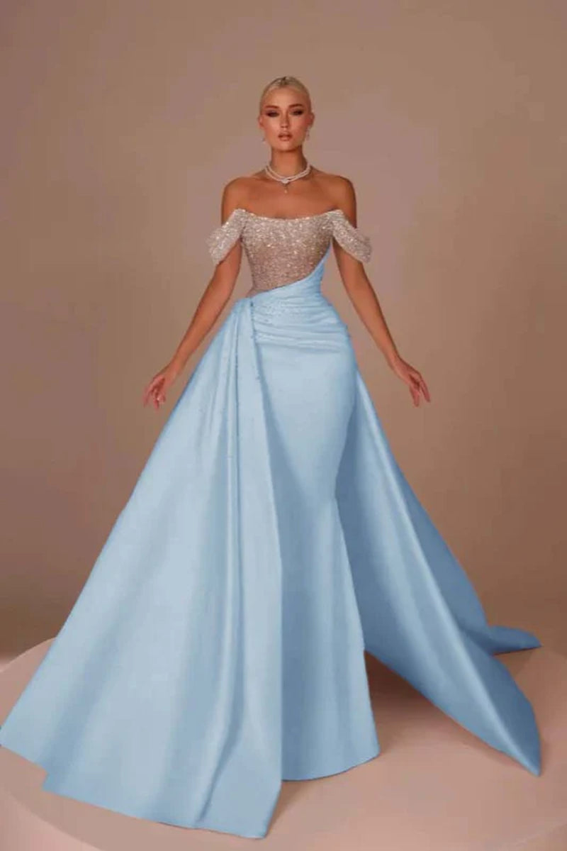 Chic Glitter Off-Shoulder Satin Mermaid Chapel Train Wedding Dress