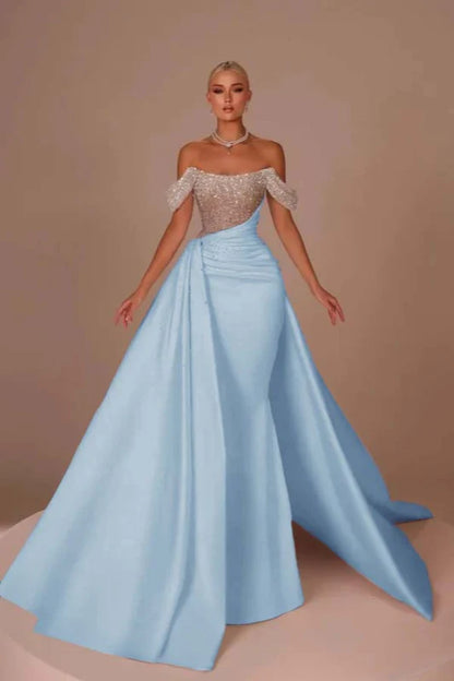Chic Glitter Off-Shoulder Satin Mermaid Chapel Train Wedding Dress