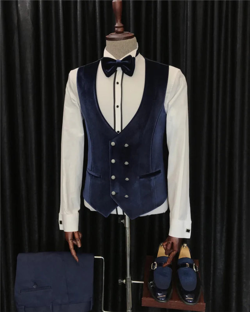 Fancy White Slim Fit 3 Piece One Button Blazer Set Wedding Suits with Navy Blue Shawl Lapel