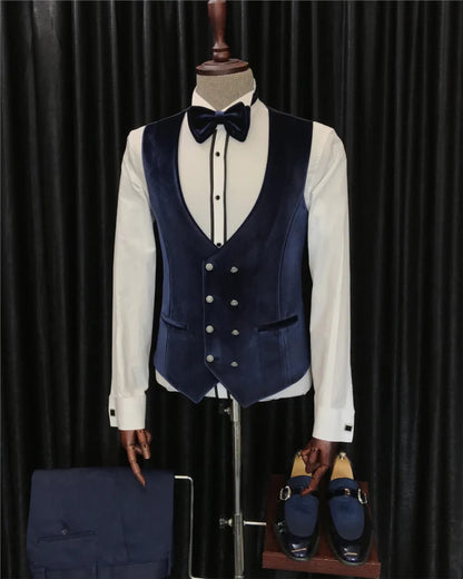 Fancy White Slim Fit 3 Piece One Button Blazer Set Wedding Suits with Navy Blue Shawl Lapel