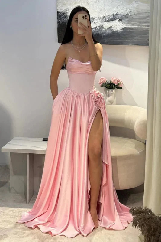 Strapless Pink Evening Dress Long with Front Split Flowers Satin Prom Dress