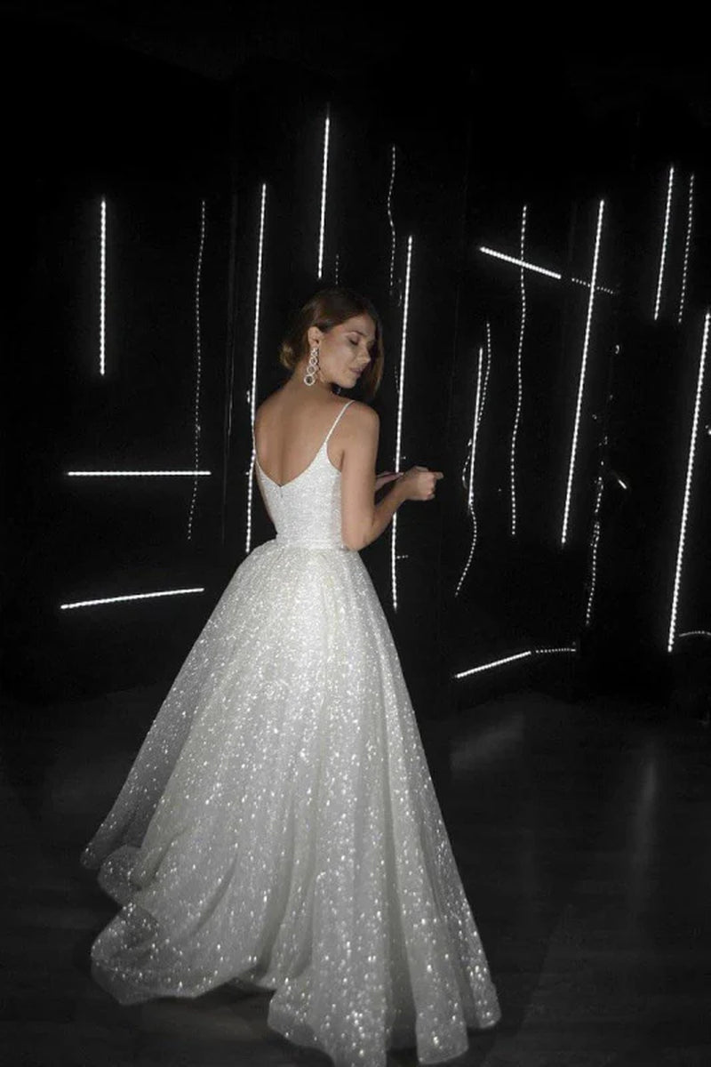 SD2128 Shiny Sequins Spaghetti Straps A-Line Wedding Dress