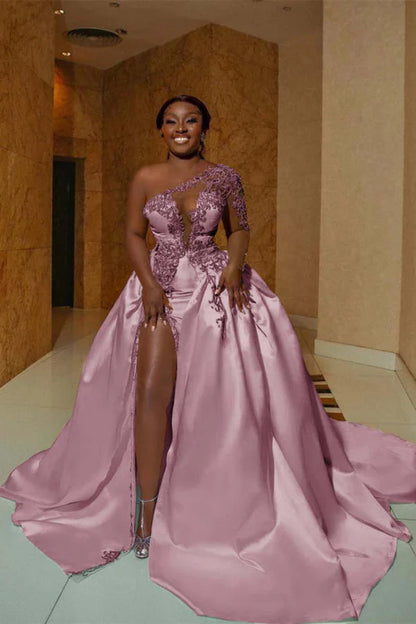 One Shoulder Satin Aline Wedding Dresses Front Slit Wedding Gown with Train