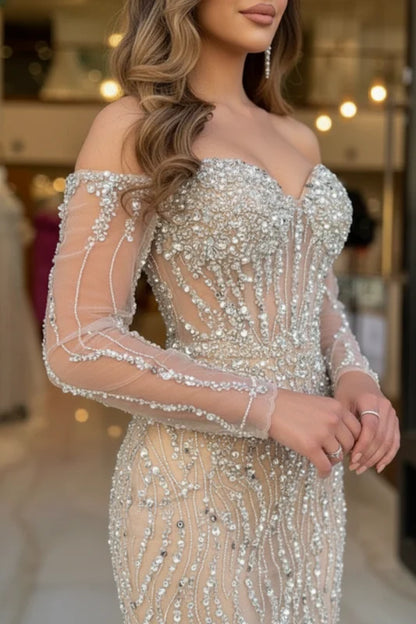 Champagne Sweetheart Mermaid Prom Dress Long Sleeves with Beadings