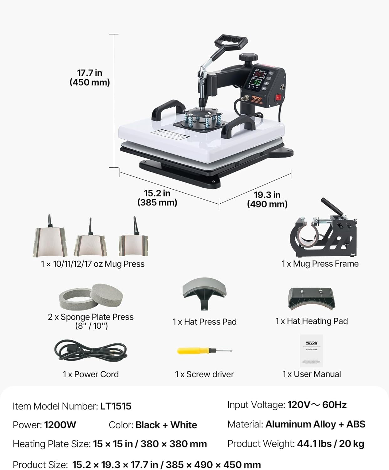 VEVOR Heat Press Machine, 15 X 15 In, 8-In-1 Multifunction, 360° Swing Away, Heat up Fast and Even, Digital Precise Control, Sublimation Press Machine for T-Shirts, Mugs, Tumblers, Caps, Plates