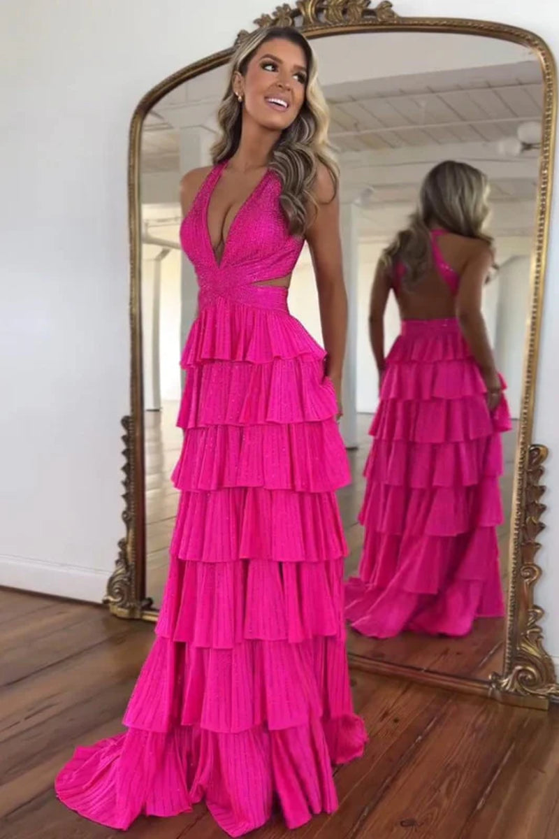 Halter Sequined Aline Prom Dress V-Neck Long Evening Dress with Split