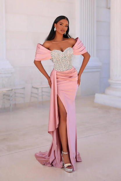 Off-The-Shoulder Beadings Prom Dress Long with Side Split