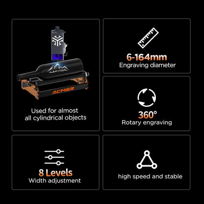 ACMER M3 Laser Rotary Roller, 360° Y-Axis Rotary Module for Cylindrical Engraving, Adjustable 6–164Mm Diameter, Compatible with ACMER P3/P2/P1/S2/S1/P1 S Pro and Most Laser Engravers