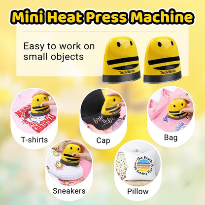TECKWRAP Mini Heat Press Machine for HTV & Sublimation, Compact Heat Press for Vinyl on T-Shirts, Hats, Shoes, Bags, DIY Crafts – Small Heat Transfer Machine for Beginners (Yellow Bee)