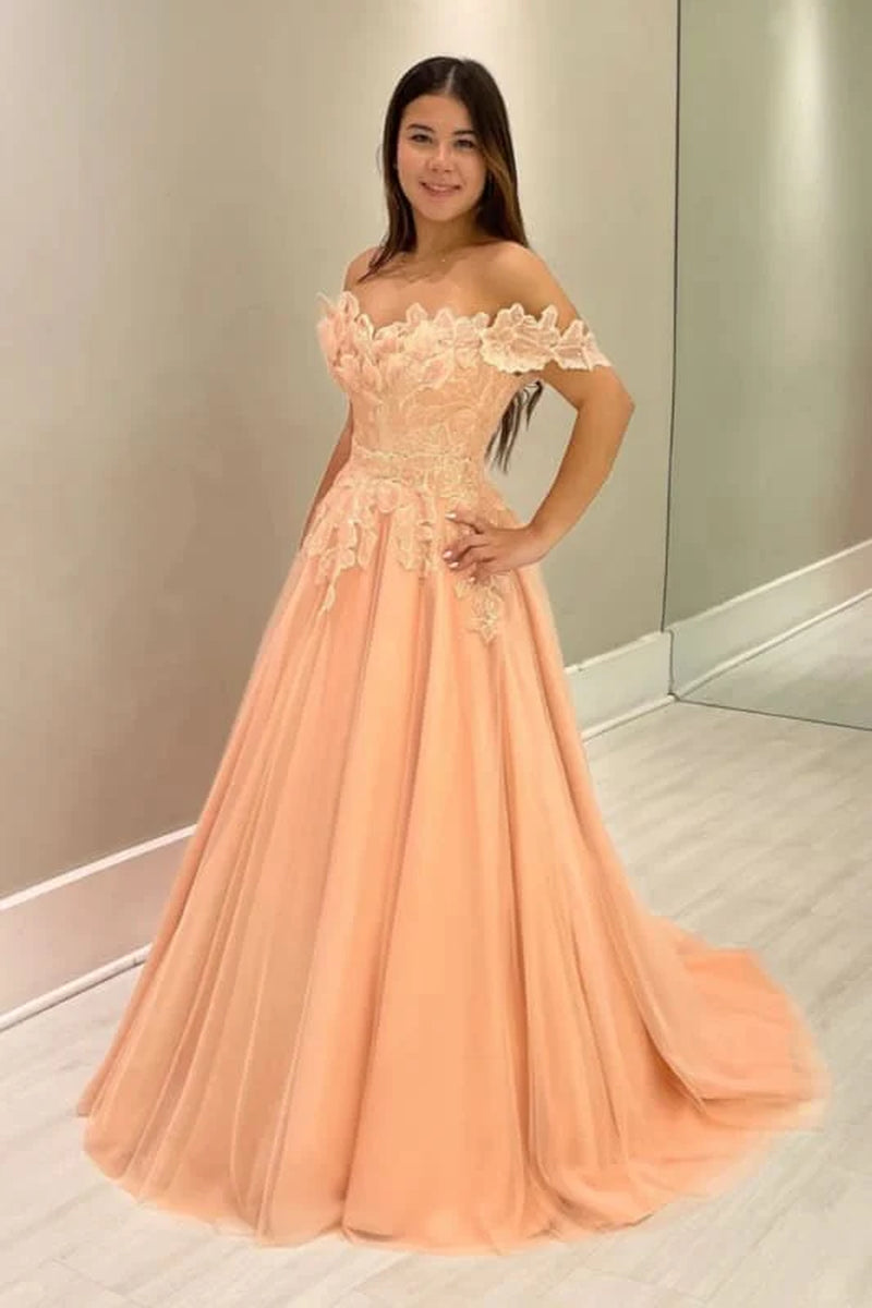 Off-The-Shoulder Aline Wedding Guest Dress with Floral Tulle Evening Dress