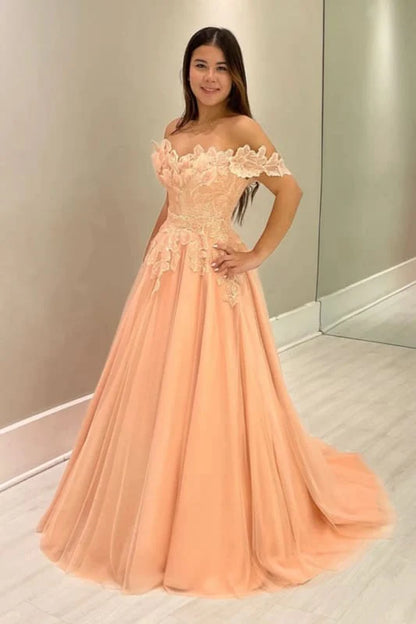Off-The-Shoulder Aline Wedding Guest Dress with Floral Tulle Evening Dress