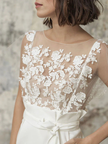 White Short Wedding Dresses Illusion Jewel Neck Short Sleeves Sheath Lace Bows Cut-Outs Ruffles Bridal Dresses