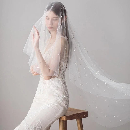 CPA1423 1.2M One Layer Ivory Pearl Beaded Soft Wedding Veils | Bridelily