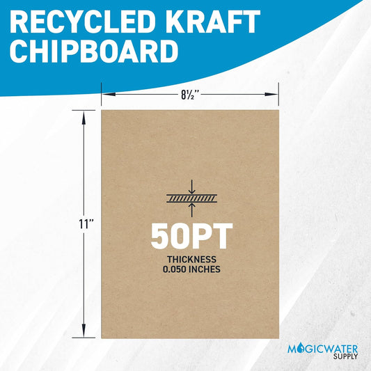 Magicwater Chipboard Sheet for DIY Projects - 8.5X11 Inch - 50 Pack - 50 Pt - Heavy Duty Kraft. (0.050 Inch Thick) Paperboard, for Scrapbooking, Books, Picture Frame Backing, Arts Project & Crafts
