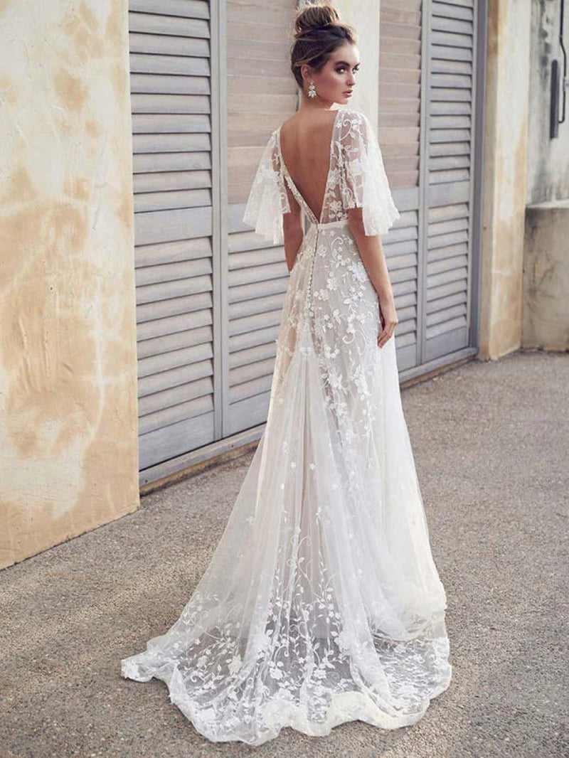 V Neck Half Sleeve Lace Boho Wedding Dresses