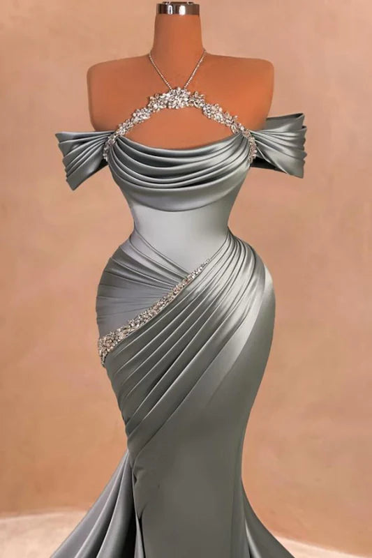 Chic Ruffle Satin Prom Dress Mermaid Off-The-Shoulder Beadings Long Party Gown