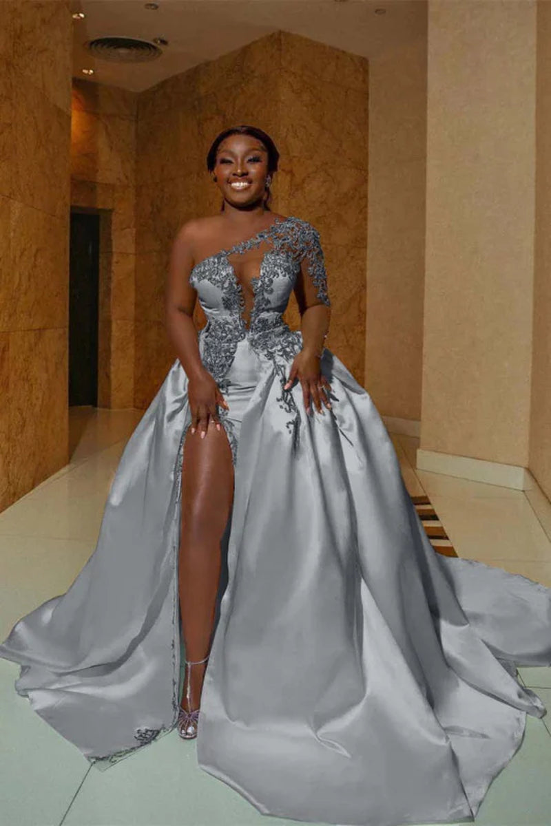 One Shoulder Satin Aline Wedding Dresses Front Slit Wedding Gown with Train