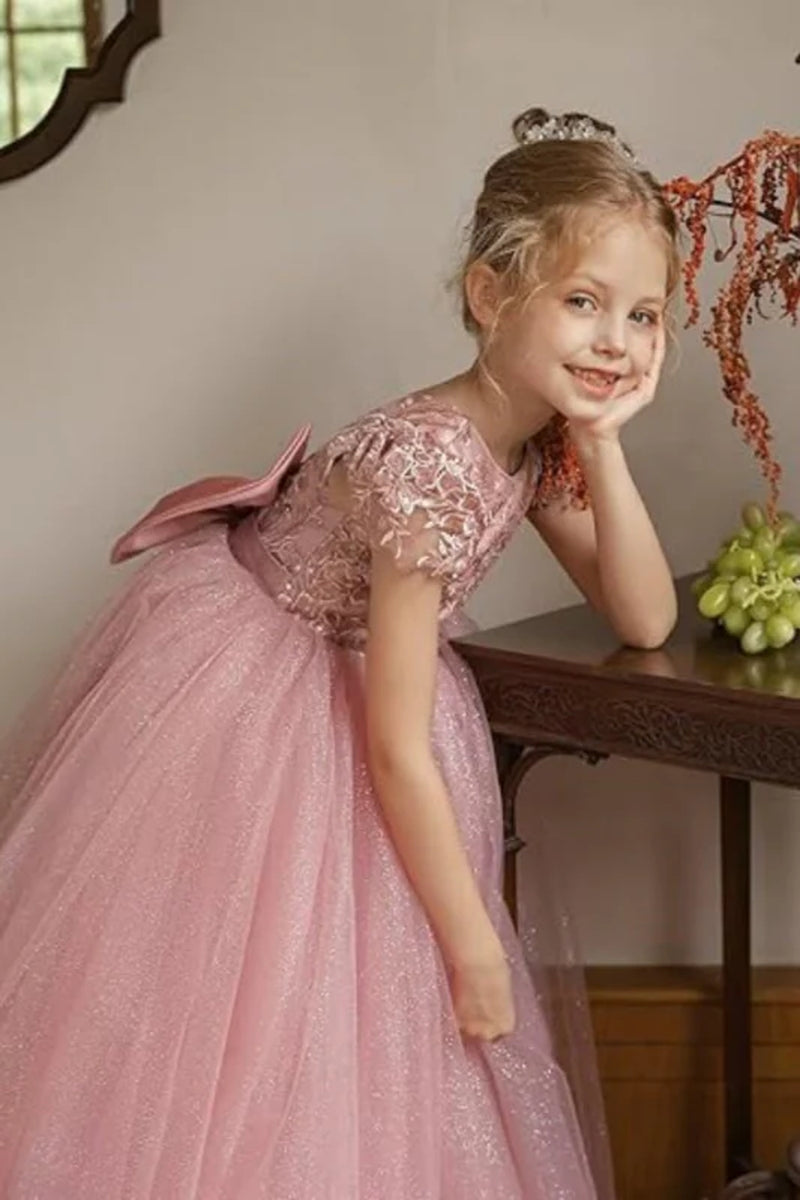 Dusty Pink Tulle Flower Girl Dress with Bow Cap Sleeves Little Girl Formal Evening Dress