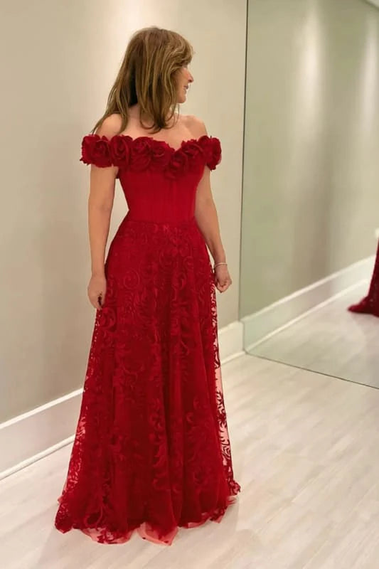 Off-The-Shoulder Red Aline Wedding Guest Dress with Flowers