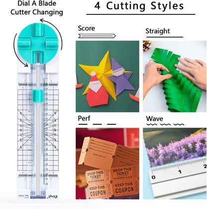 Paper Trimmer Craft Paper Cutter: 4 Style Multi-Function Scrapbooking Tool with Dial Blades of Straight,Wave,Dotted,Perforated,Creasing for Cutting Paper,Coupons,Photos,Postcards,Scrapbook,Card