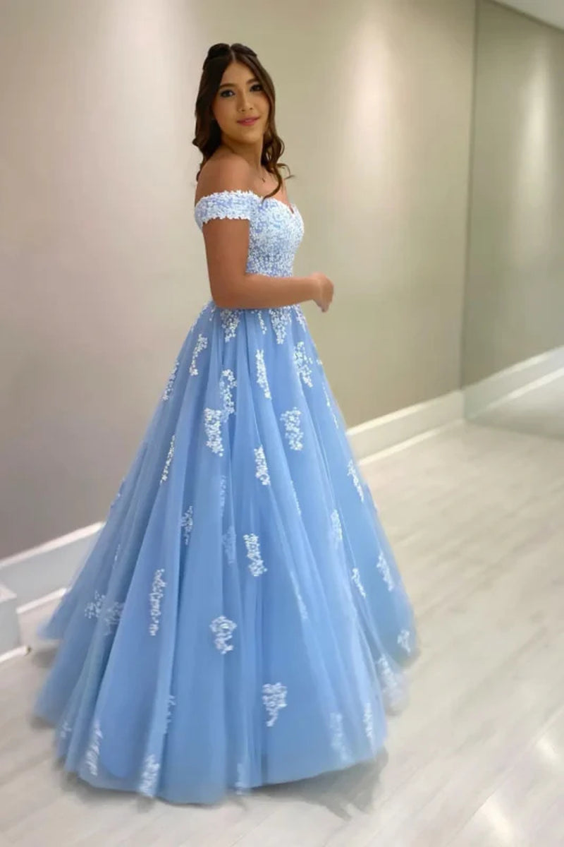 Off-The-Shoulder Blue Tulle Aline Mother of the Bride Dress with Lace Appliques