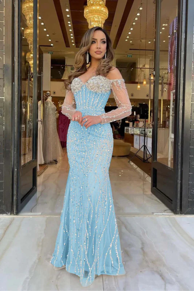 Champagne Sweetheart Mermaid Prom Dress Long Sleeves with Beadings