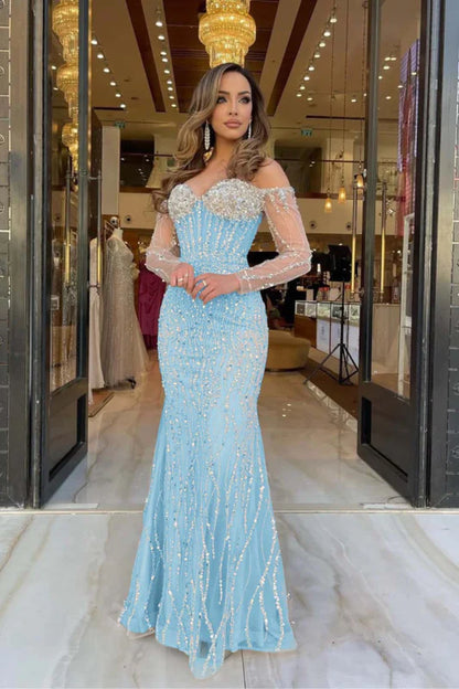 Champagne Sweetheart Mermaid Prom Dress Long Sleeves with Beadings