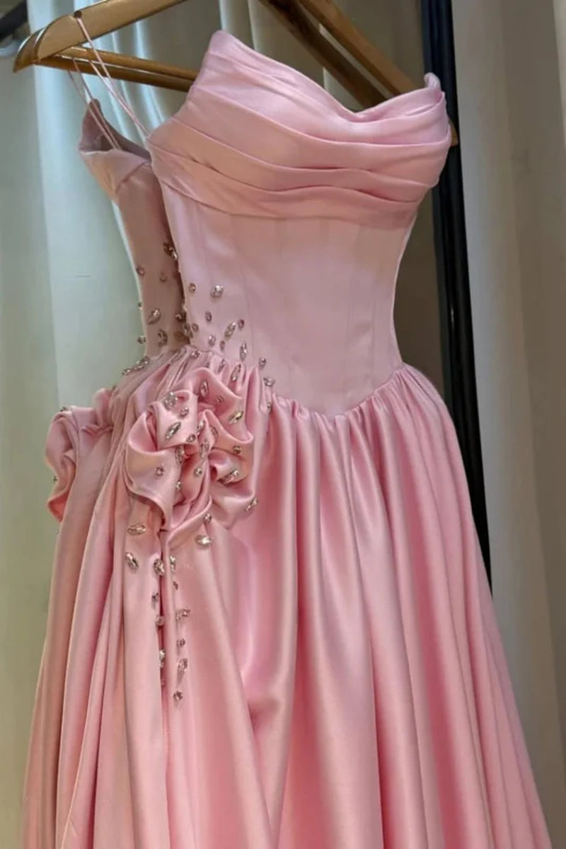 Strapless Pink Evening Dress Long with Front Split Flowers Satin Prom Dress