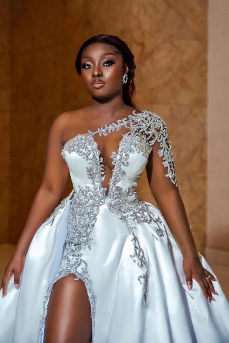 One Shoulder Satin Aline Wedding Dresses Front Slit Wedding Gown with Train