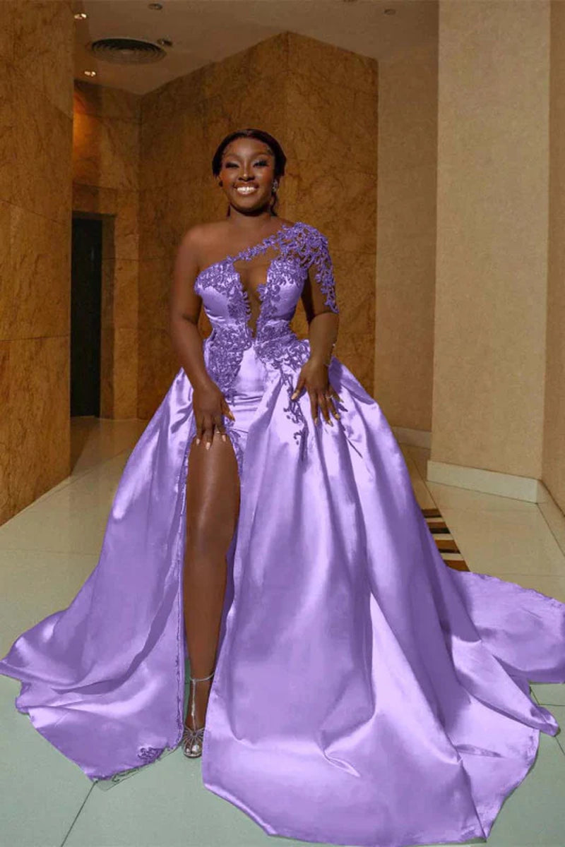 One Shoulder Satin Aline Wedding Dresses Front Slit Wedding Gown with Train