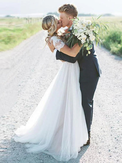Elegant Short Sleeves Lace Tulle Wedding Dresses