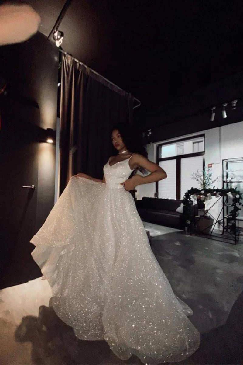 SD2128 Shiny Sequins Spaghetti Straps A-Line Wedding Dress