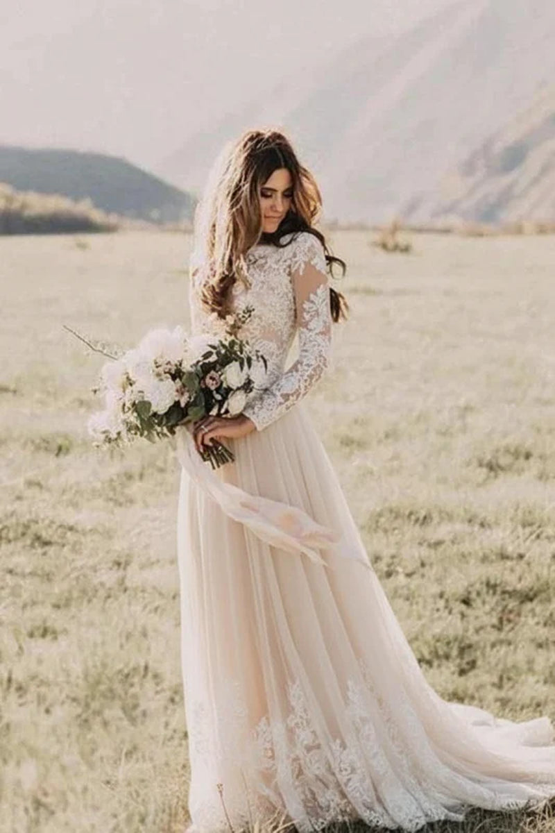 Bridelily Long Sleeve Lace Floor Length Boho Wedding Dresses