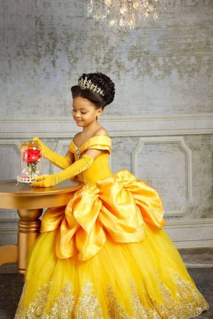 Off-The-Shoulder Ruffle Ball Gown a Line Party Dress Floor Length Birthday Dress for Girls