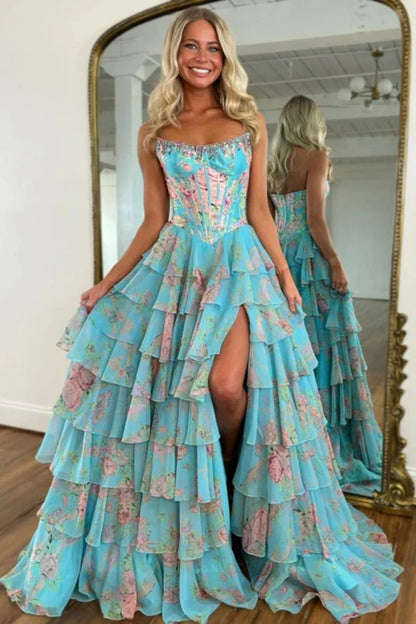 Strapless Floral Tulle Aline Evening Dress Front Split Corset Prom Dress