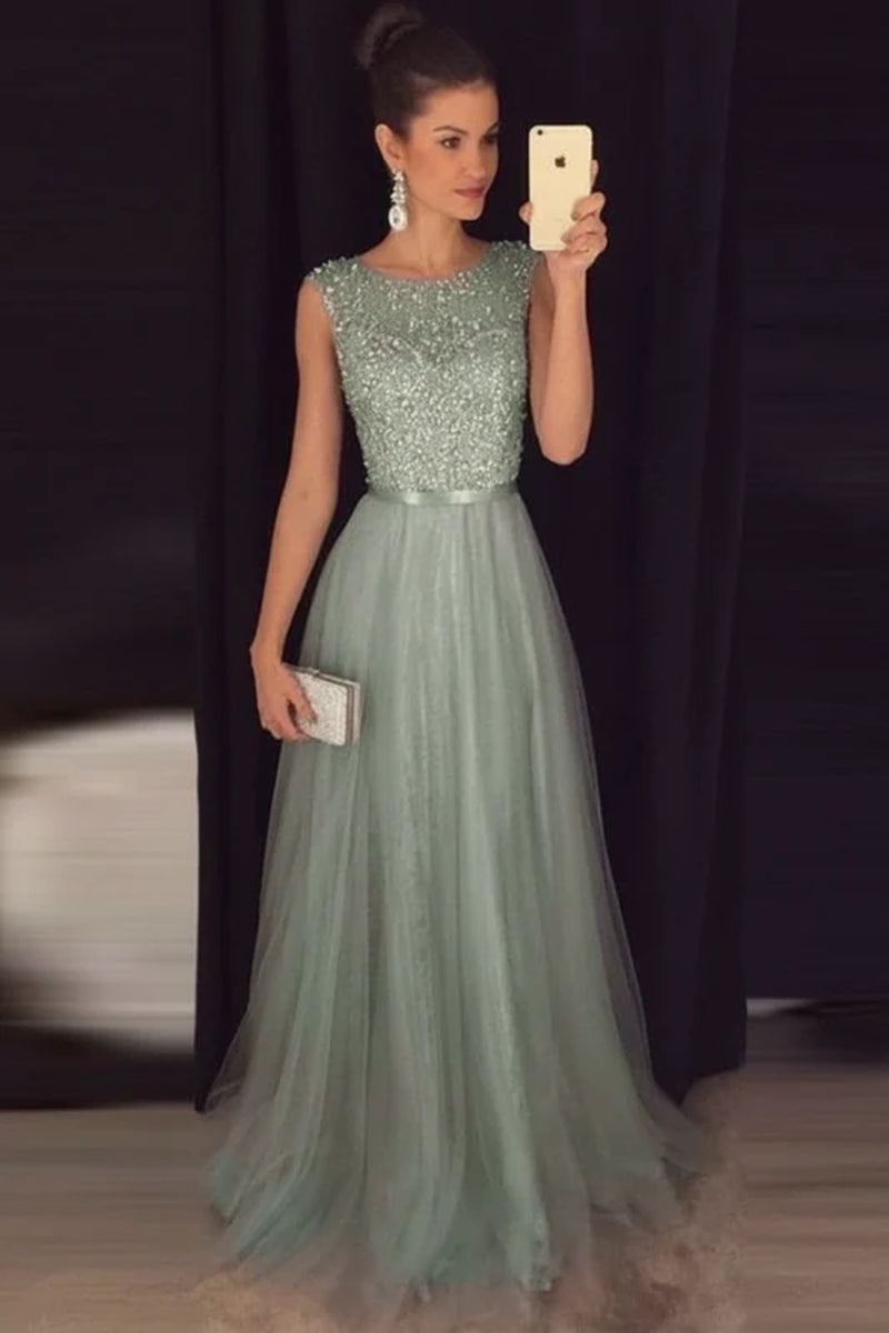 Elegant Gray A-Line Prom Dress Sequined Tulle Evening Gown