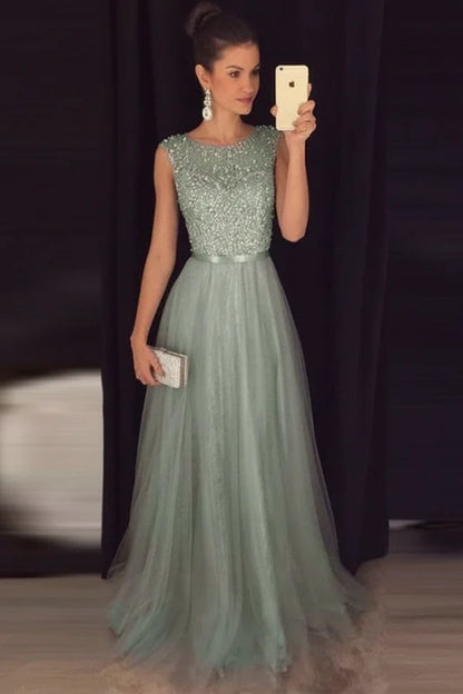 Elegant Gray A-Line Prom Dress Sequined Tulle Evening Gown