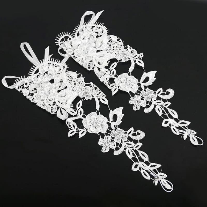 Lace Crystal Beaded Fingerless Wedding Gloves | Bridelily
