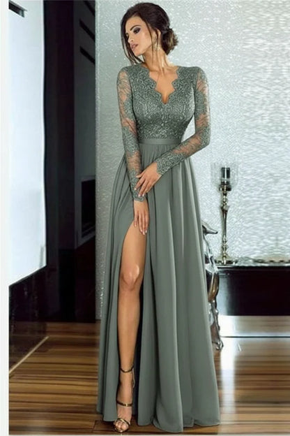 Bridelily A-Line Long Sleeves V-Neck Split Floor-Length Lace Appliques Prom Dresses