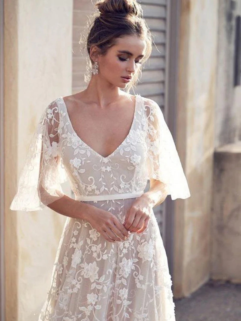 V Neck Half Sleeve Lace Boho Wedding Dresses