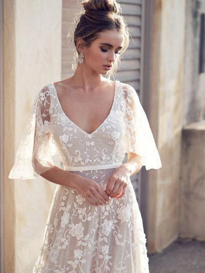 V Neck Half Sleeve Lace Boho Wedding Dresses