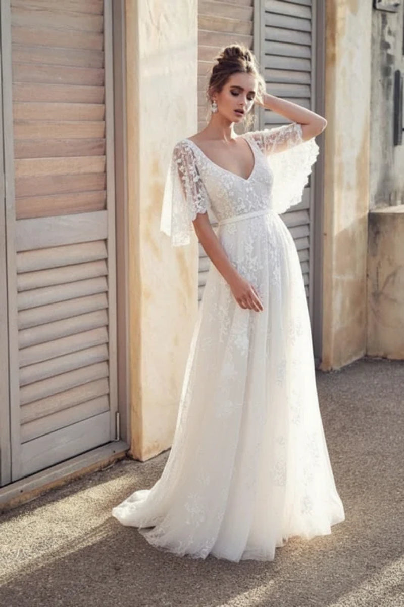 V Neck Half Sleeve Lace Boho Wedding Dresses