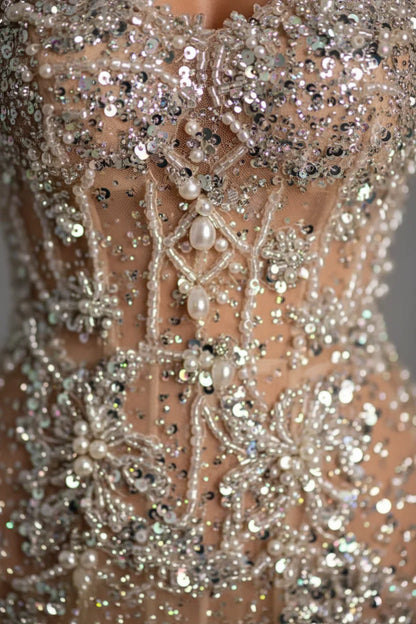 Glitter Sequins High Split Prom Dress with Beadings
