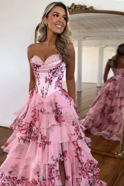 Strapless Corset Ruffles Floral Chiffon A-Line Long Prom Dresses with Front Split