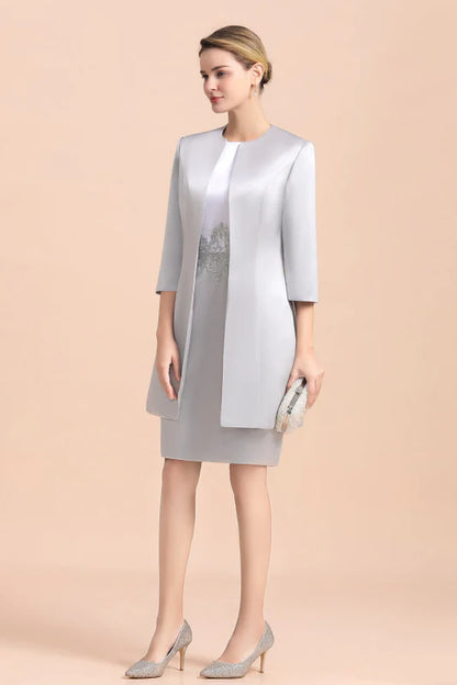 Silver Short Mother of the Bride Dress Knee-Length Two Pieces Wedding Guest Outfits