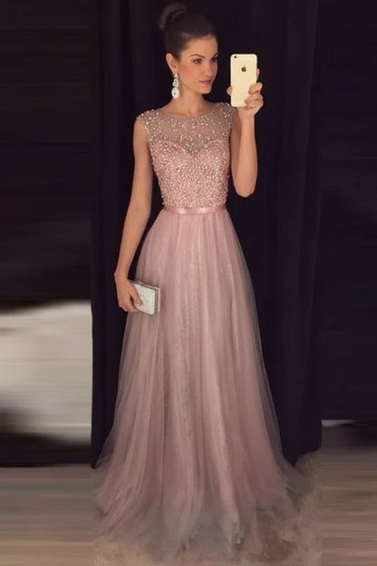Elegant Gray A-Line Prom Dress Sequined Tulle Evening Gown