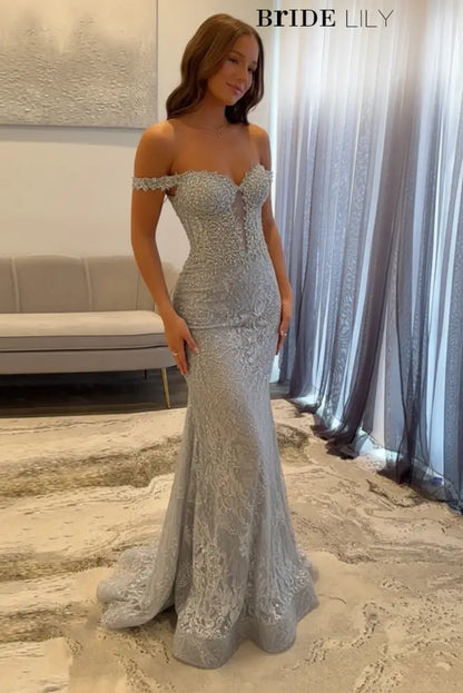 Off-The-Shoulder Mermaid Evening Dress Lace Prom Dress Long